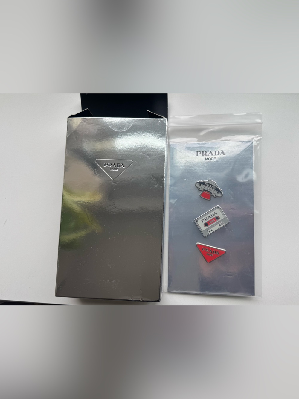 NWT Prada Logo Enamel Pin Set in Silver and Red